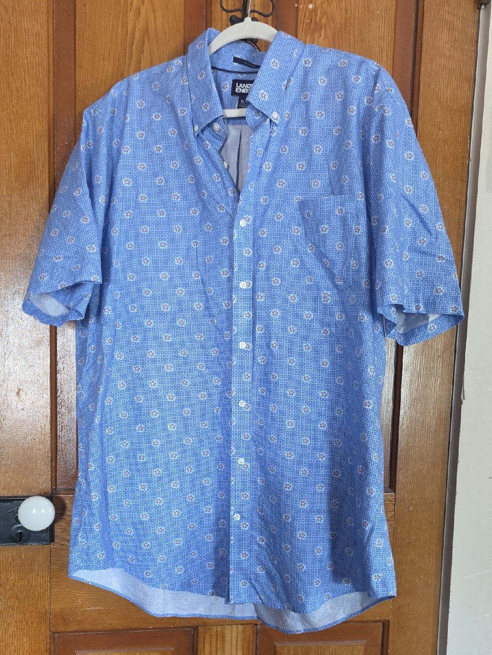 Lands' End Light Blue Short-Sleeve Printed Button-Down Shirt